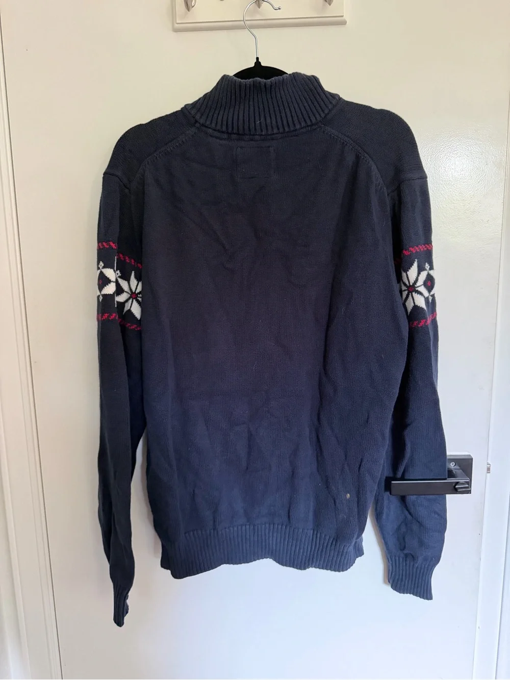 Weatherproof Navy Half-Zip Fair Isle Sweater with White and Red Accents